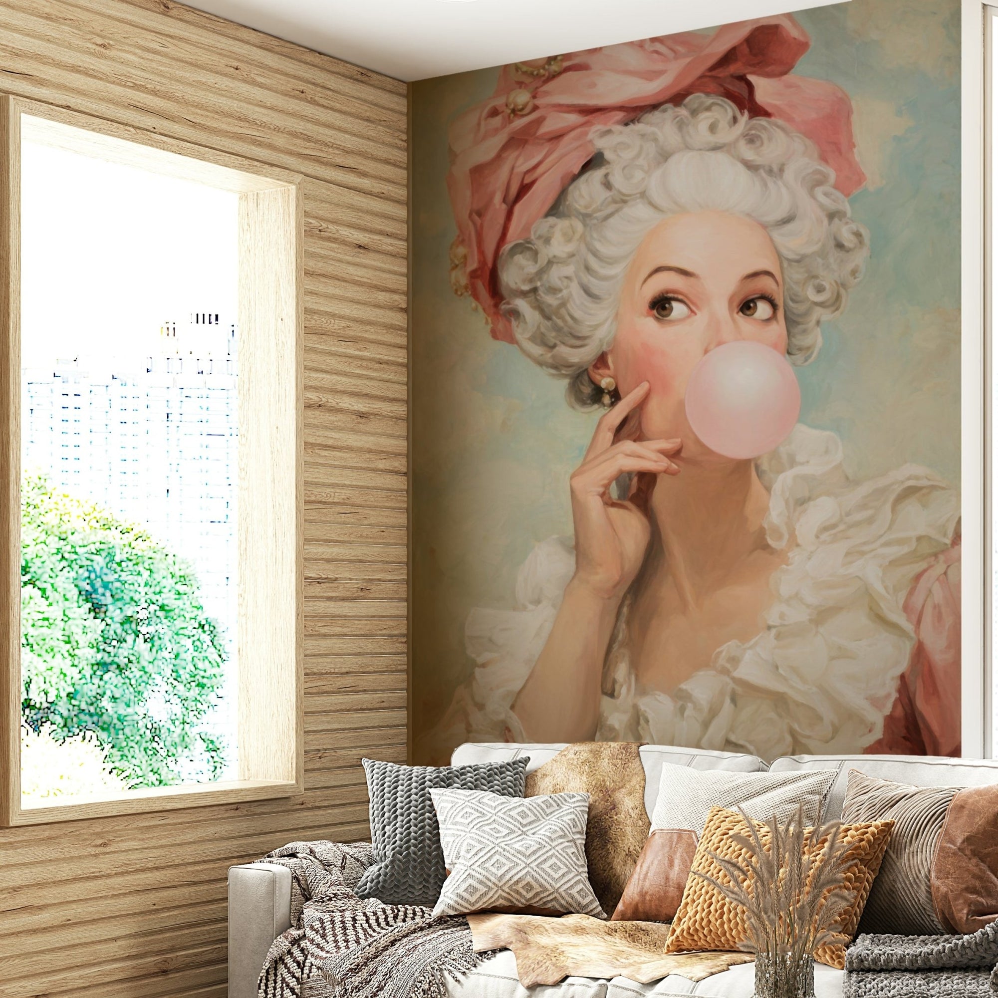 rococo lady blowing pink bubble gum wall mural GD3324

