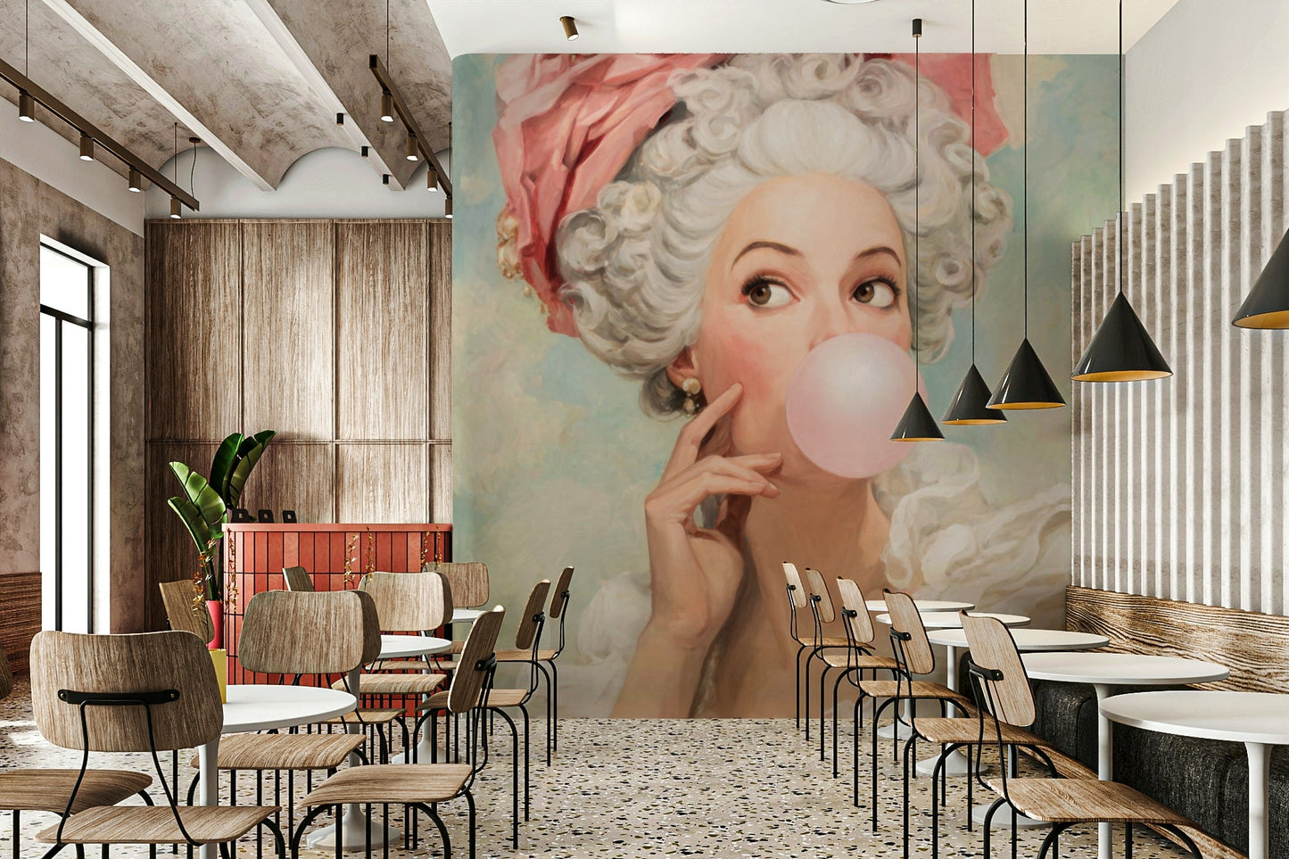 lady in rococo dress blowing bubble gum

