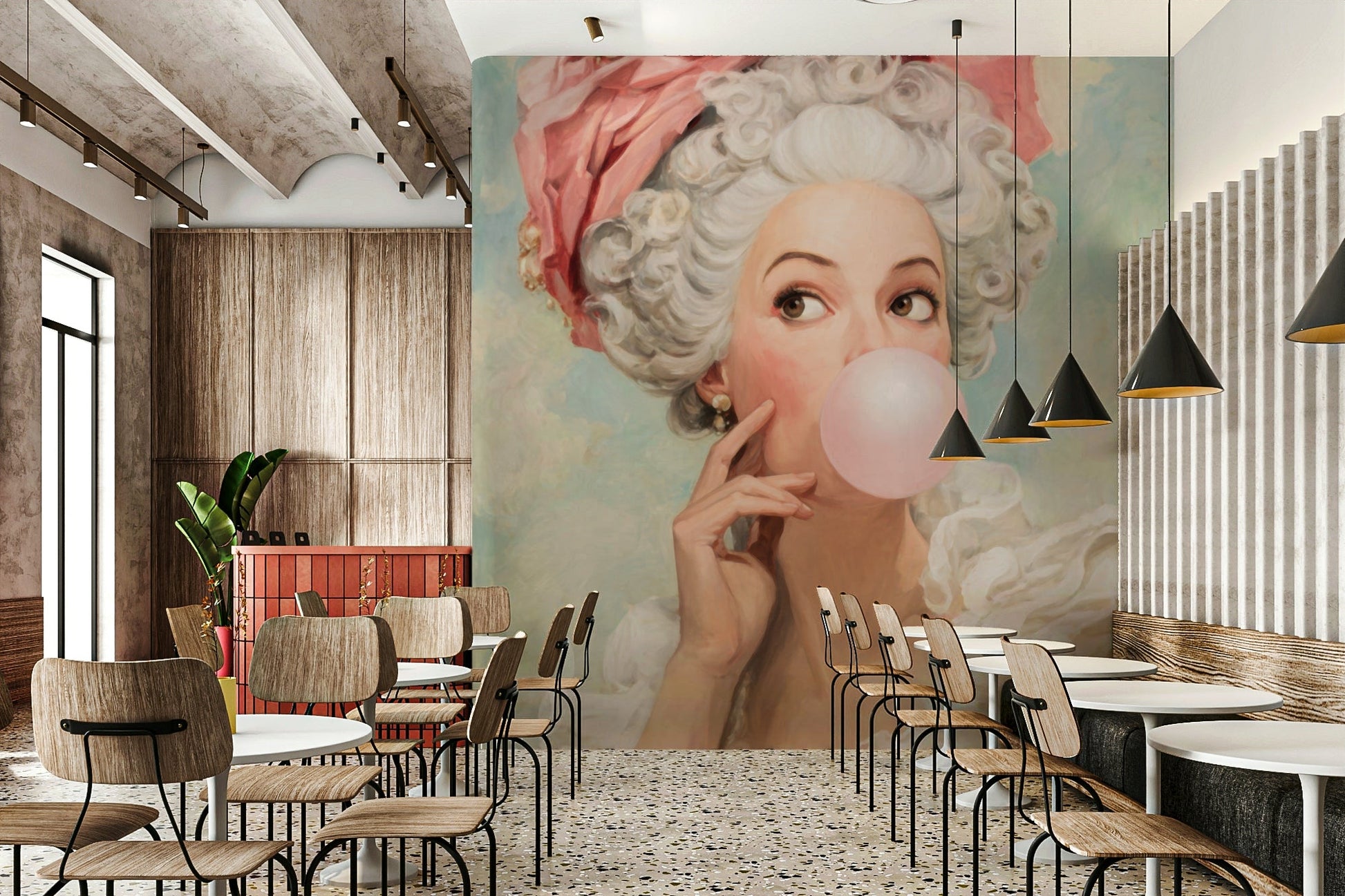 lady in rococo dress blowing bubble gum

