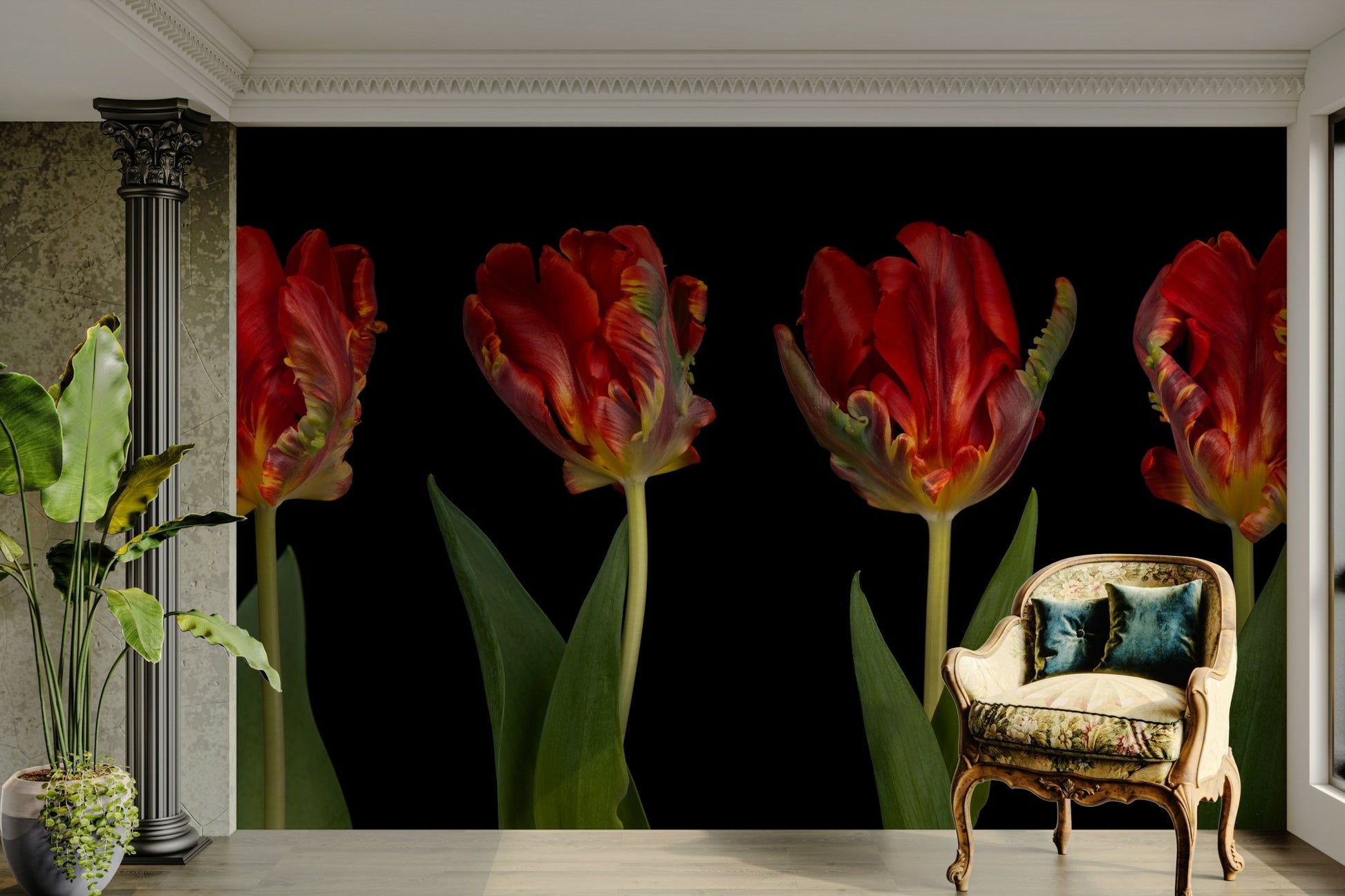 The tulips have ruffled, parrot-like petals.

