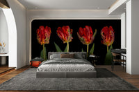 A wall mural featuring four unique tulip flowers.

