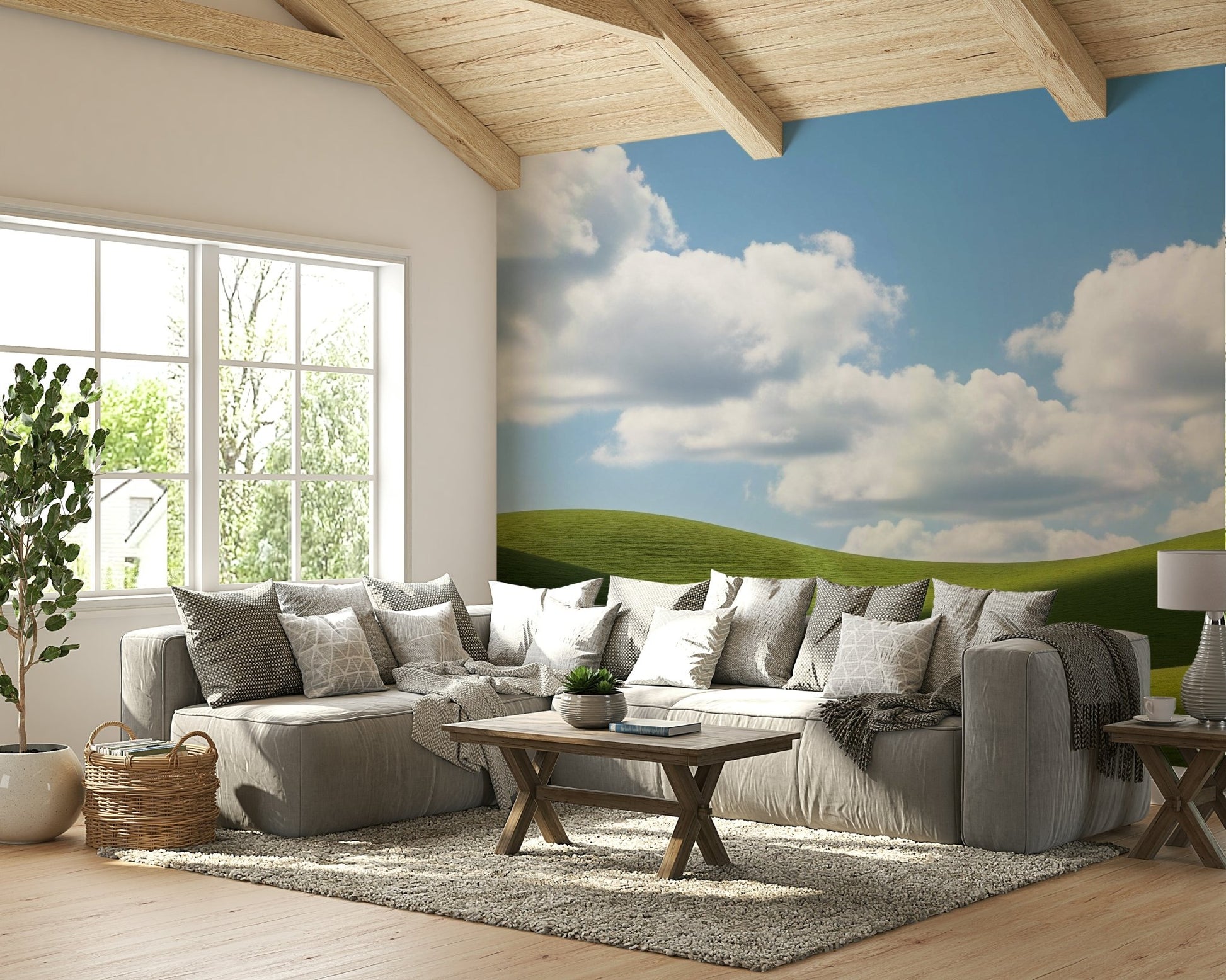 A peaceful wall mural with a charming green landscape.

