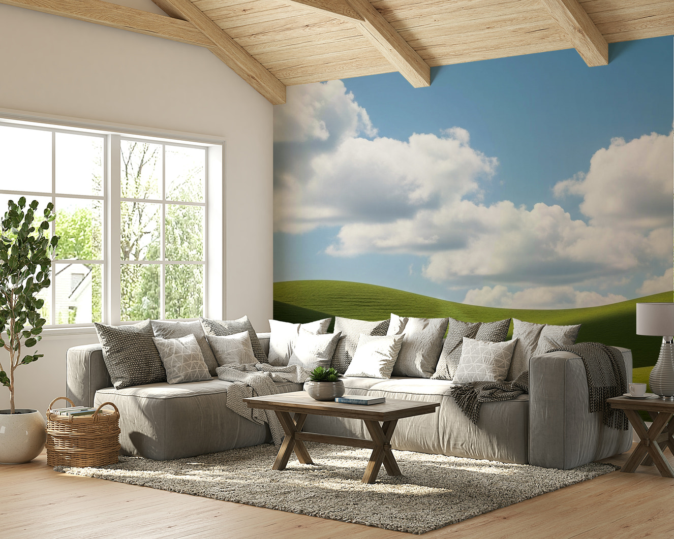 A peaceful wall mural with a charming green landscape.

