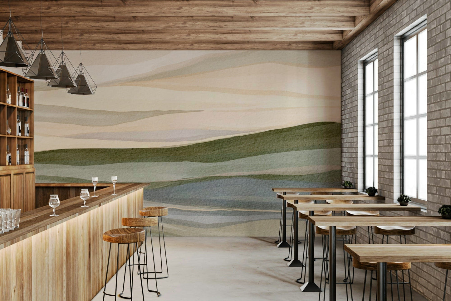 Distant, hazy Rolling Horizon landscape wallpaper for walls in soft pastels.