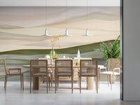 Rolling Horizon calming print, soft beige and deep olive green waves.