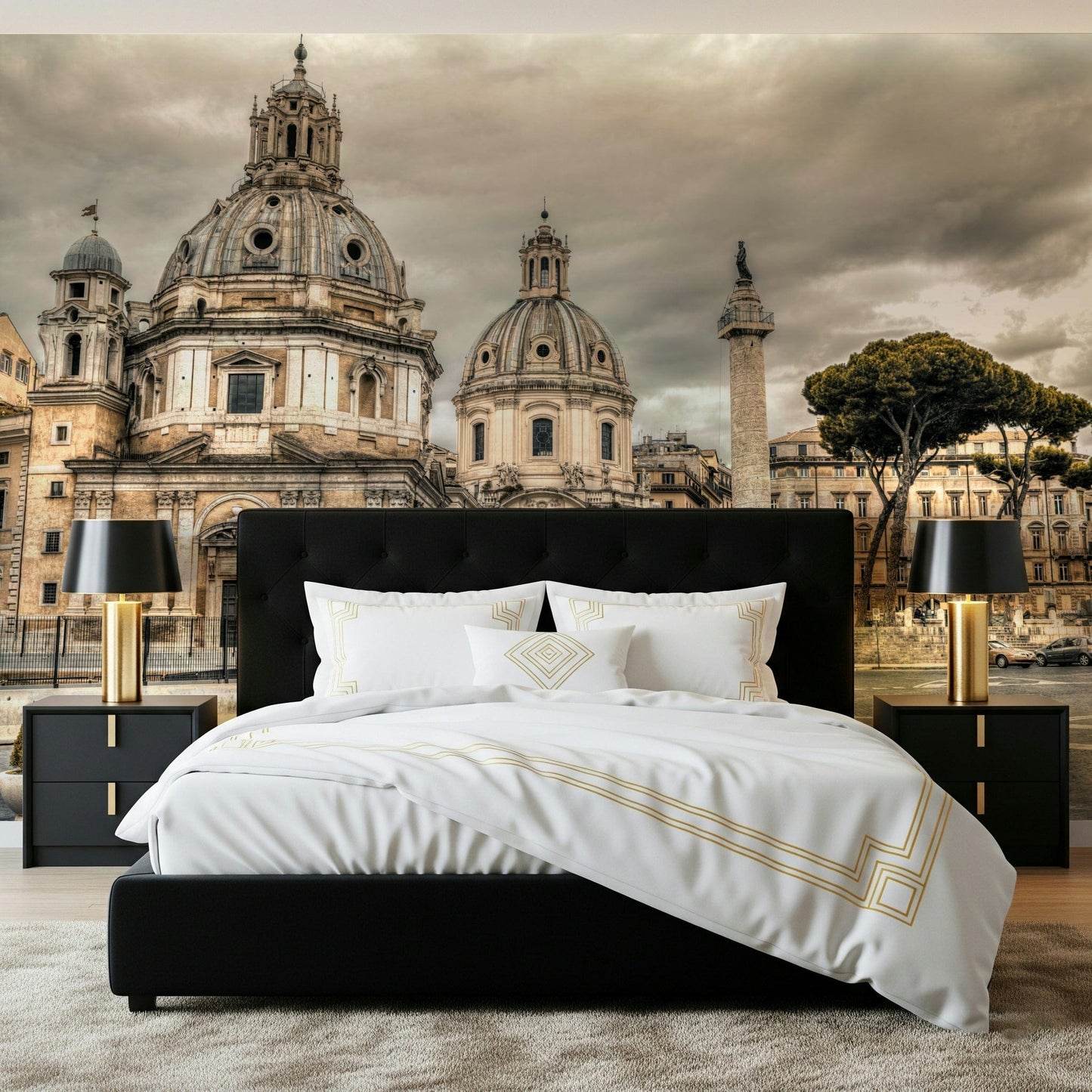 Classical architecture wallpaper for a study feature wall.