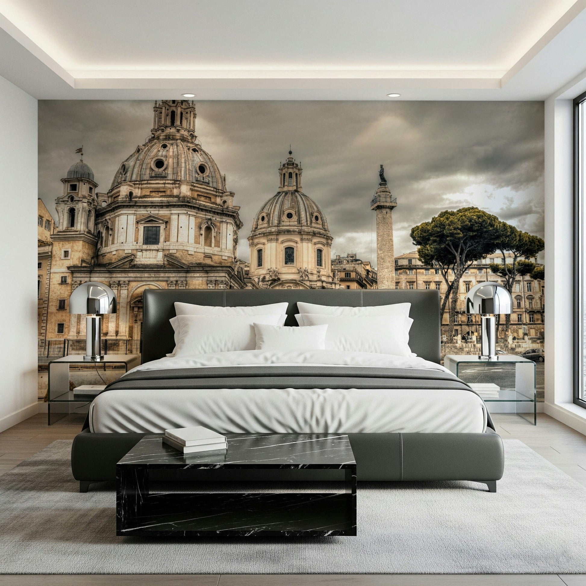 Roman Grandeur wallpaper in a minimalist apartment lounge.