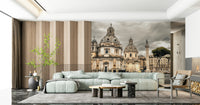 Beige stone architecture wallpaper in a master bedroom.