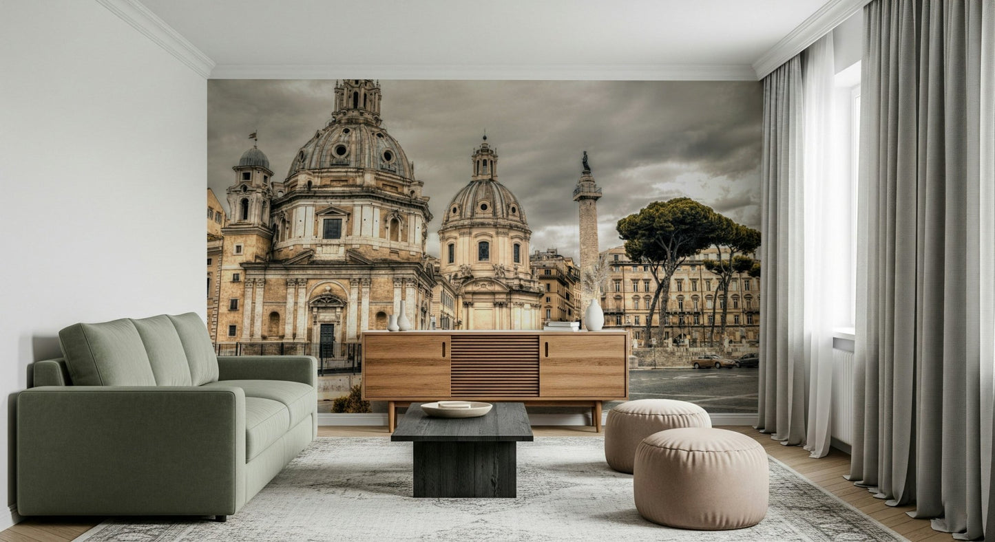 Detailed architectural wall mural for a residential space.