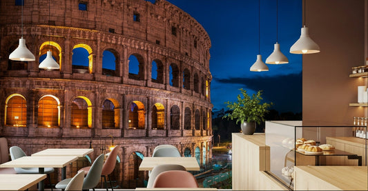 Roman Nights wallpaper behind a study desk in a home office.