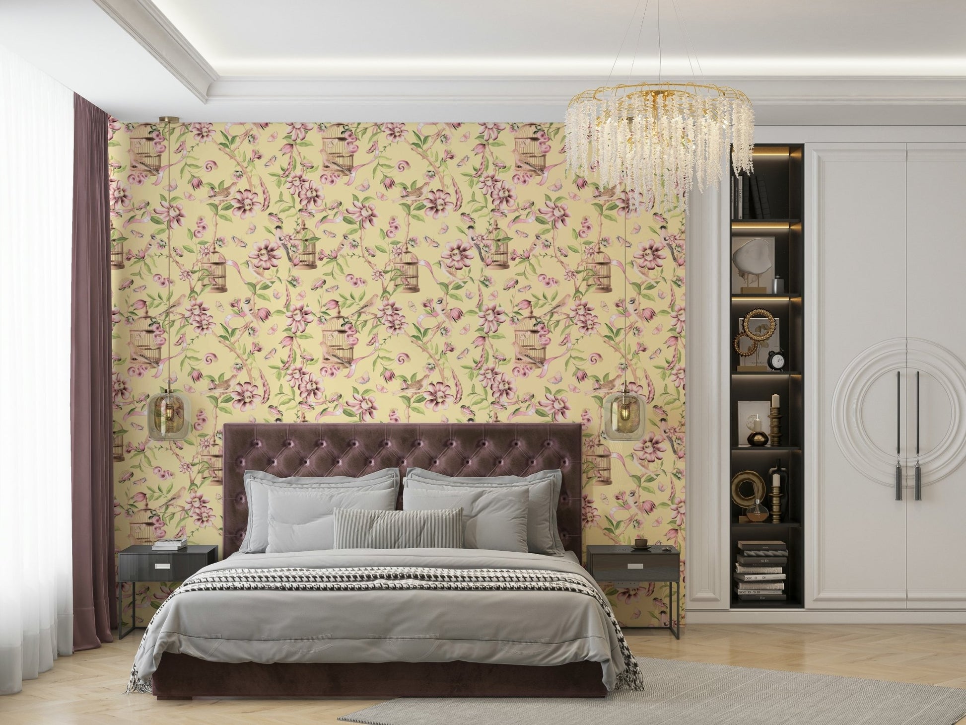 Birds and flowers chinoiserie wallpaper design

