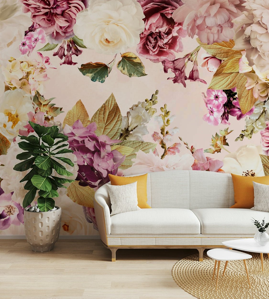 Botanical wall design with soft, dreamy florals

