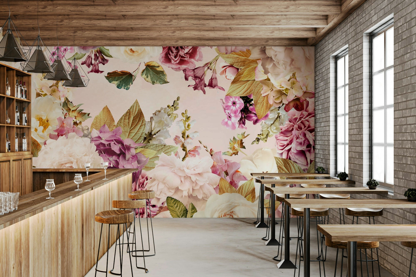 Romantic garden wall mural with blooming florals

