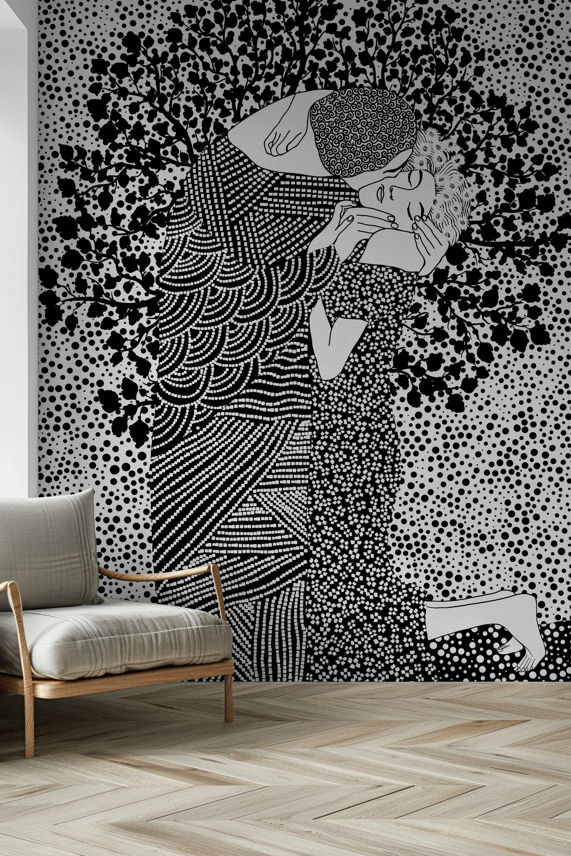 Contemporary artistic wallpaper The Kiss II in a minimalist dining area.