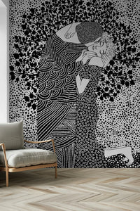 Contemporary artistic wallpaper The Kiss II in a minimalist dining area.