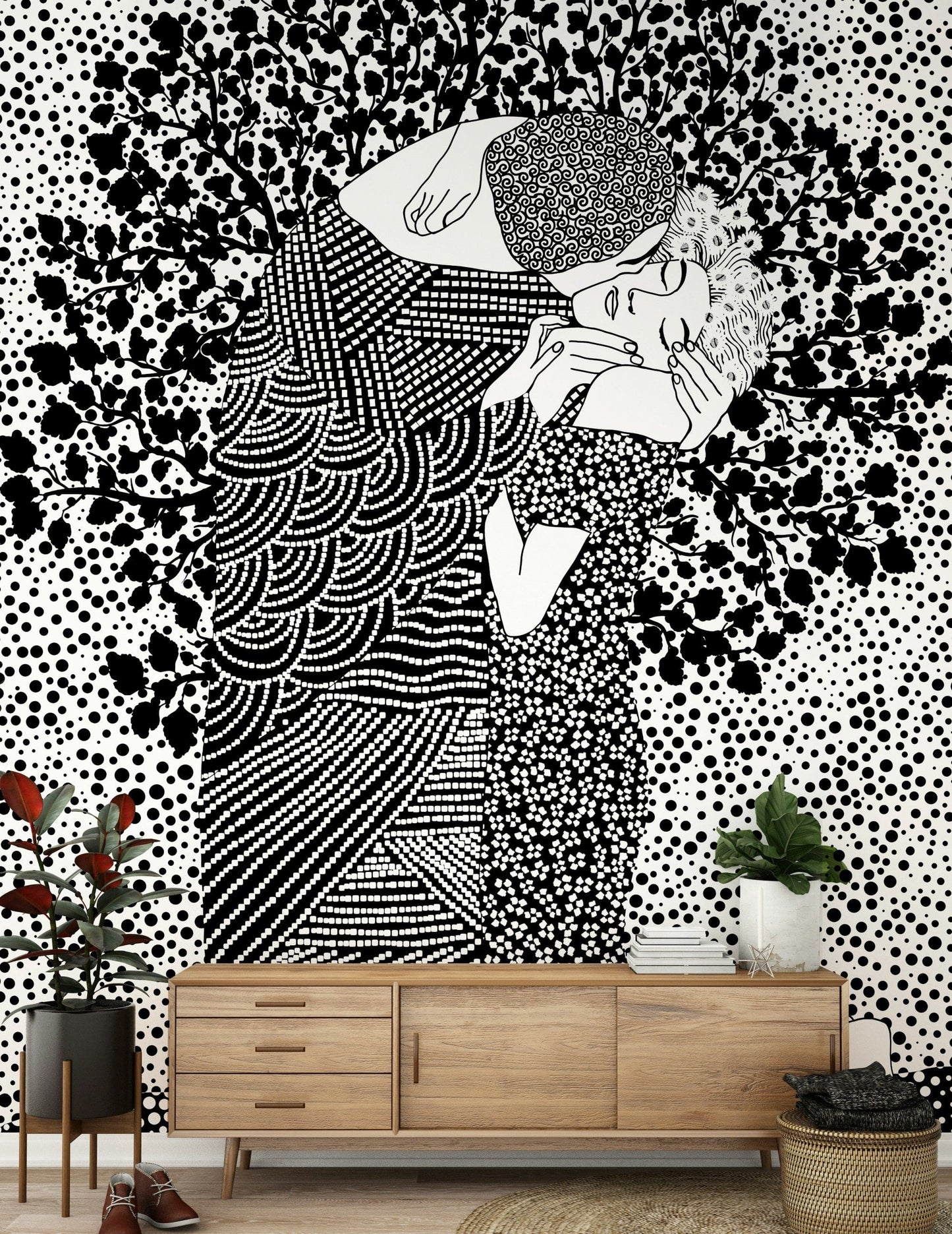 The Kiss II Wall Mural styled with neutral furniture for home office wallpaper.