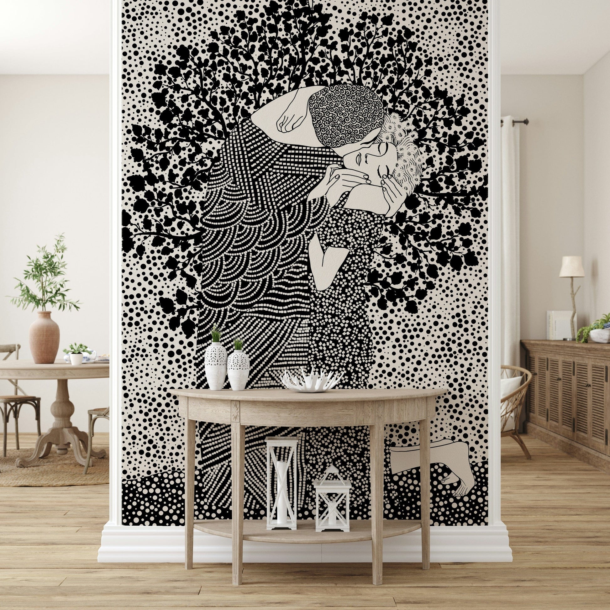 The Kiss II Wall Mural highlighting intricate golden shapes on smooth wallpaper.