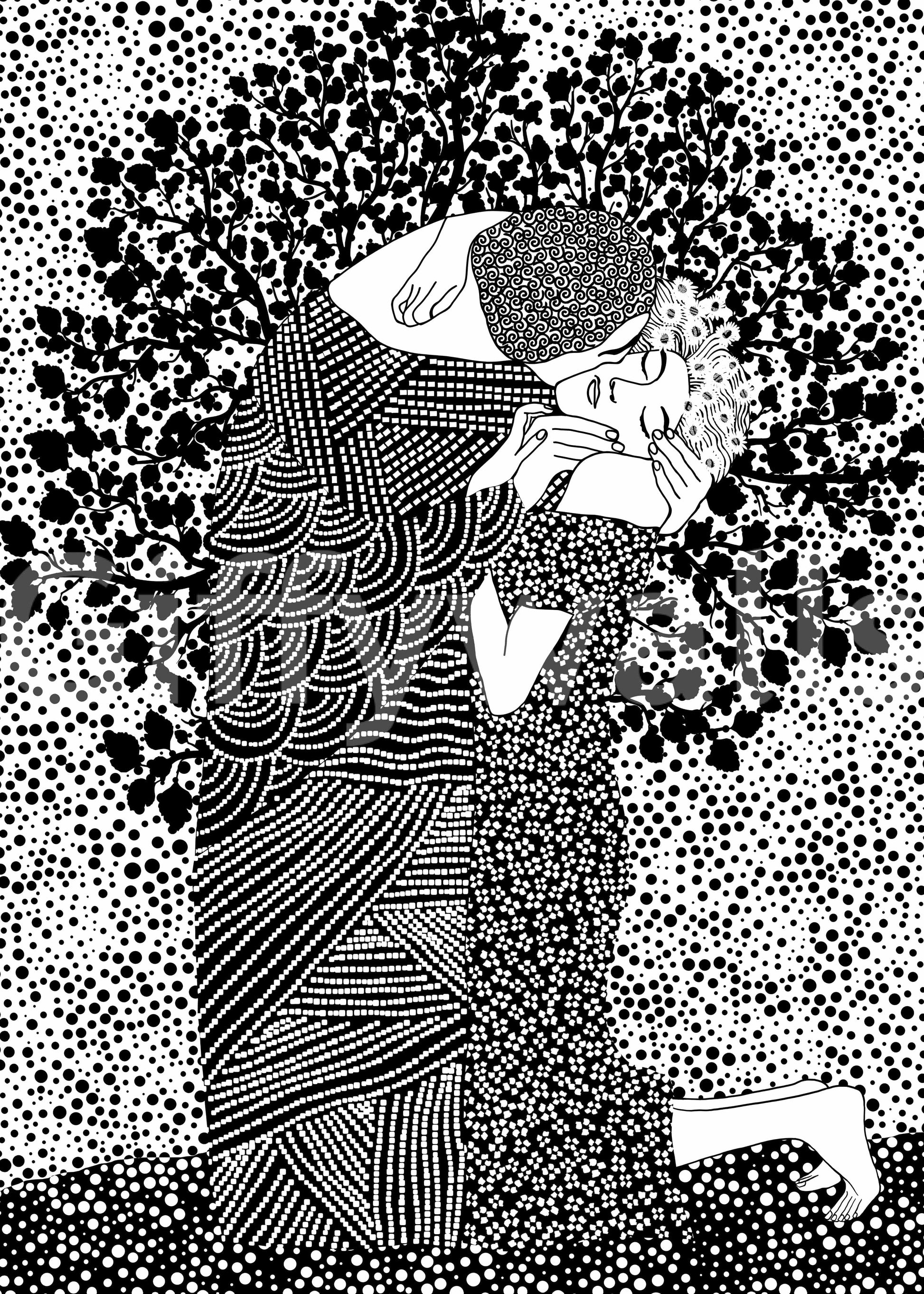 Romantic abstract art wall mural The Kiss II in a master bedroom setting.