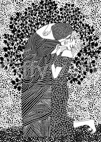 Romantic abstract art wall mural The Kiss II in a master bedroom setting.