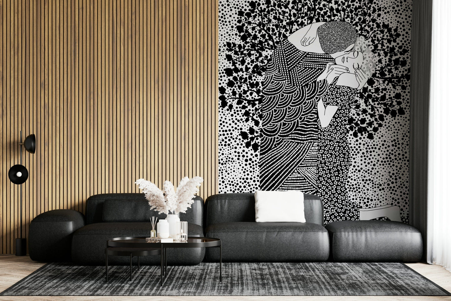 Classic art inspired wallpaper The Kiss II in a luxury apartment hallway.
