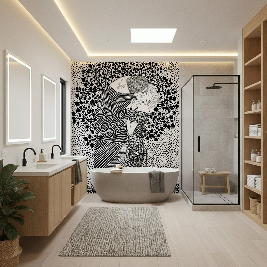 Decorative wall mural The Kiss II used as a focal point in a seating area.