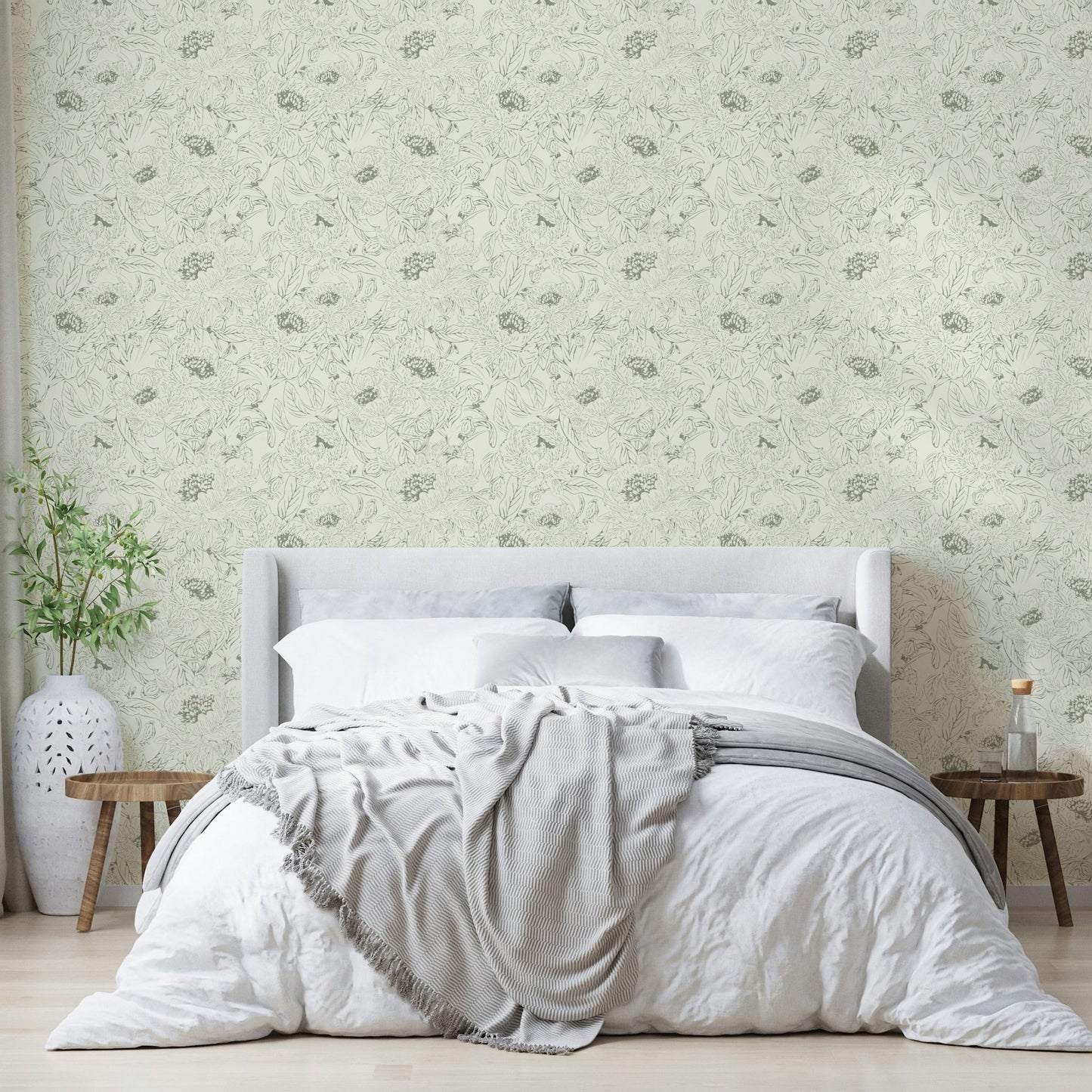Soft green peony line art wallpaper for walls

