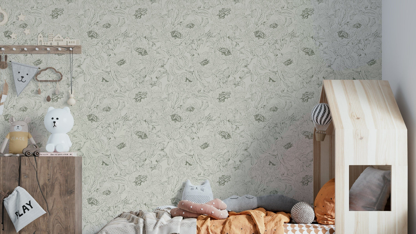 Elegant peonies line art in soft green tones

