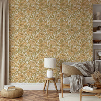 Mustard gold peonies with detailed floral wallpaper

