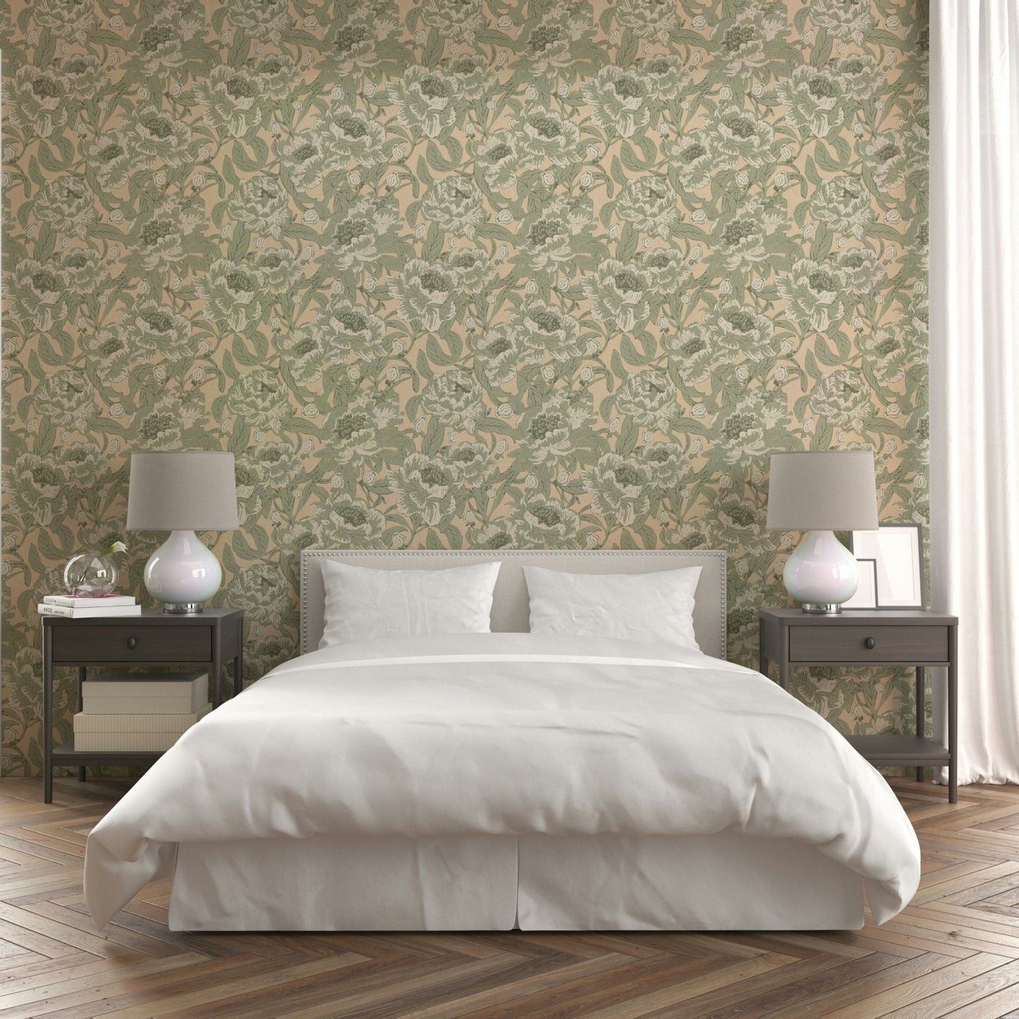 Romantic Peonies Sage Green Wallpaper⁠