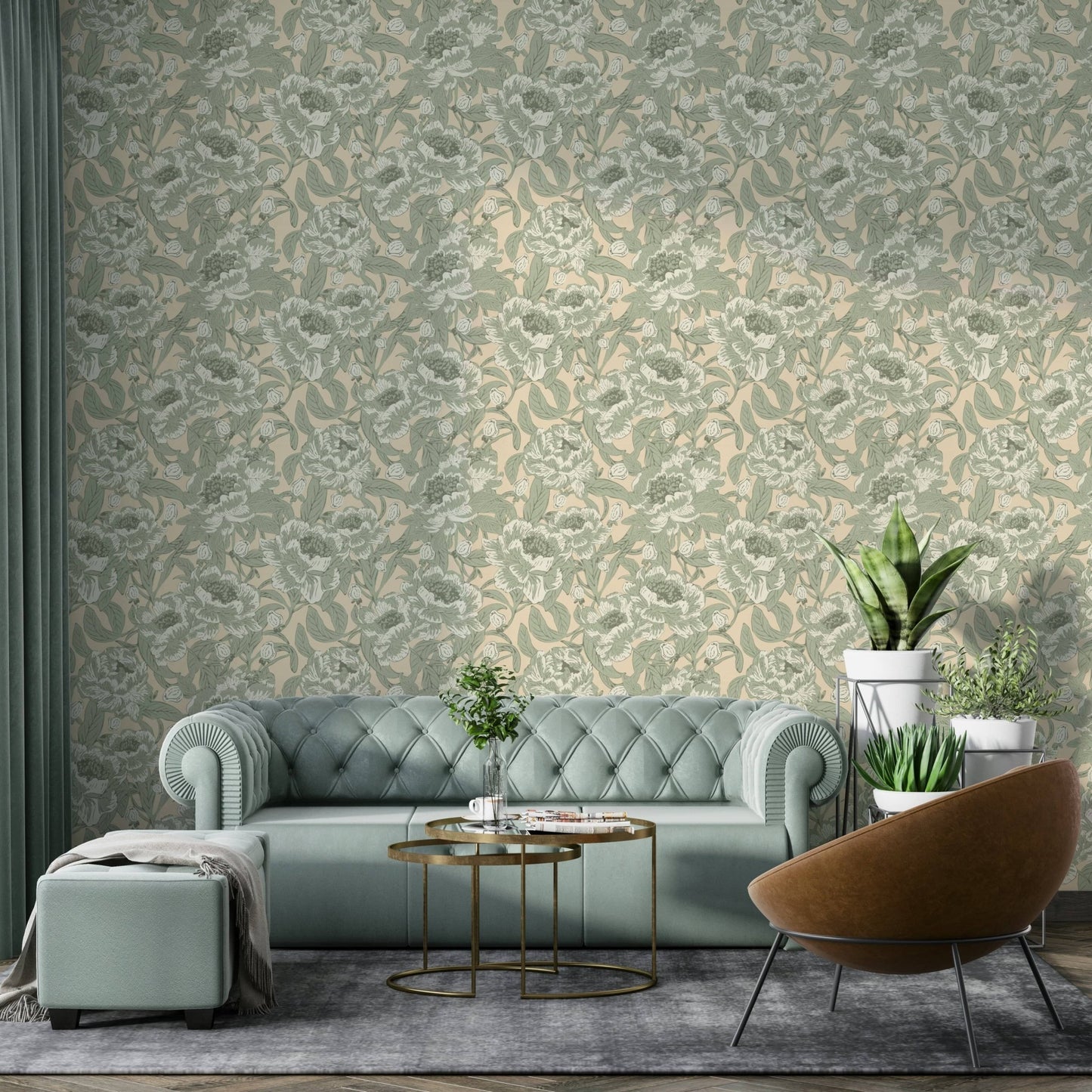 Romantic Peonies Sage Green Wallpaper⁠
