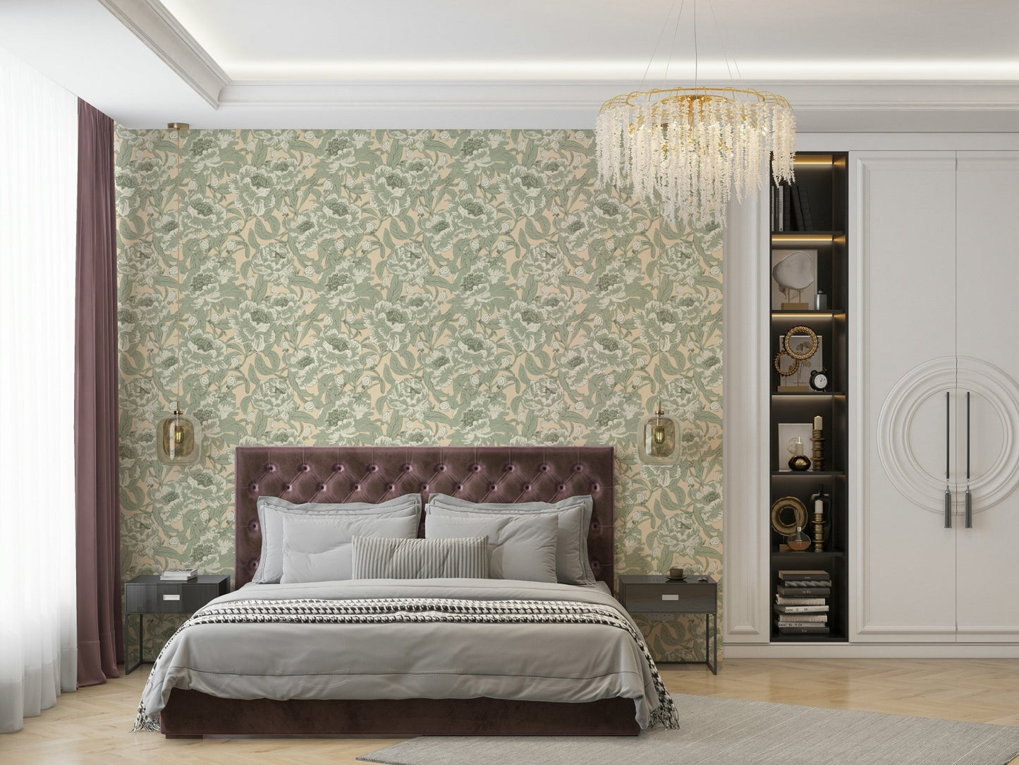 Romantic Peonies Sage Green Wallpaper⁠