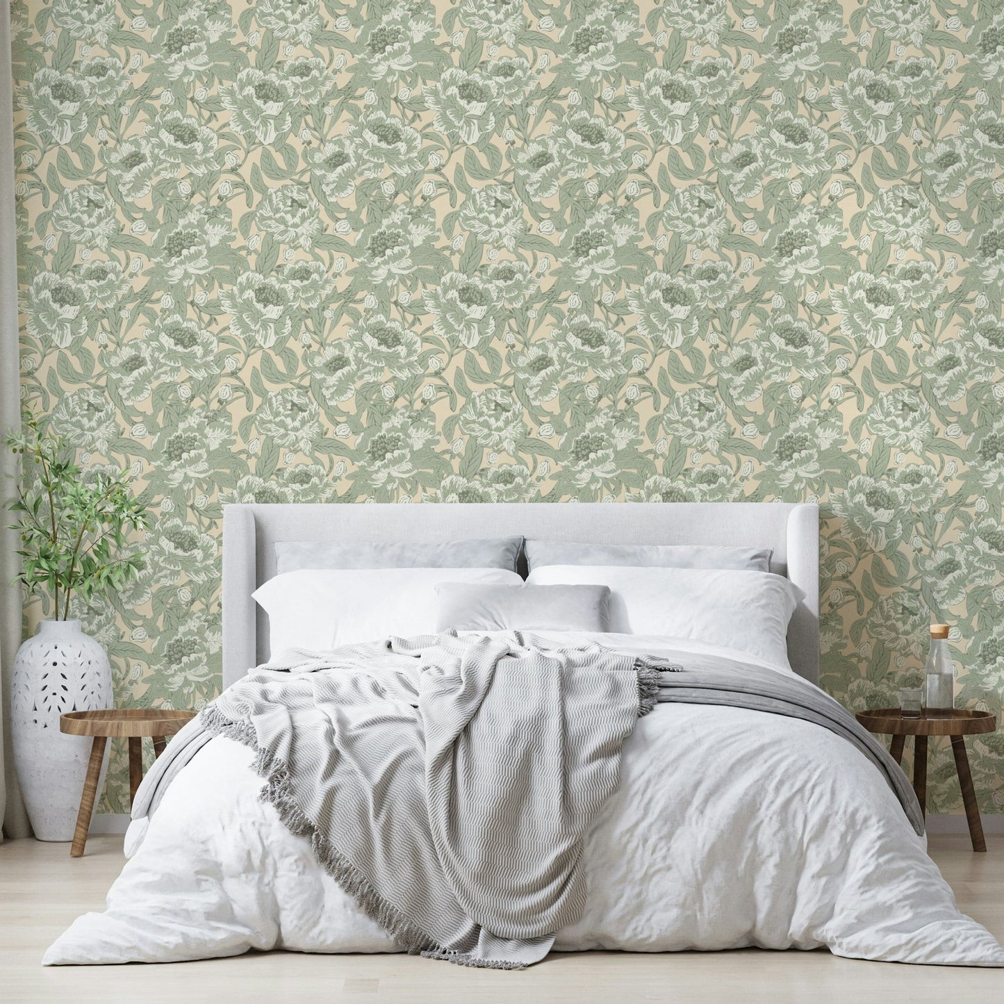 Romantic Peonies Sage Green Wallpaper⁠