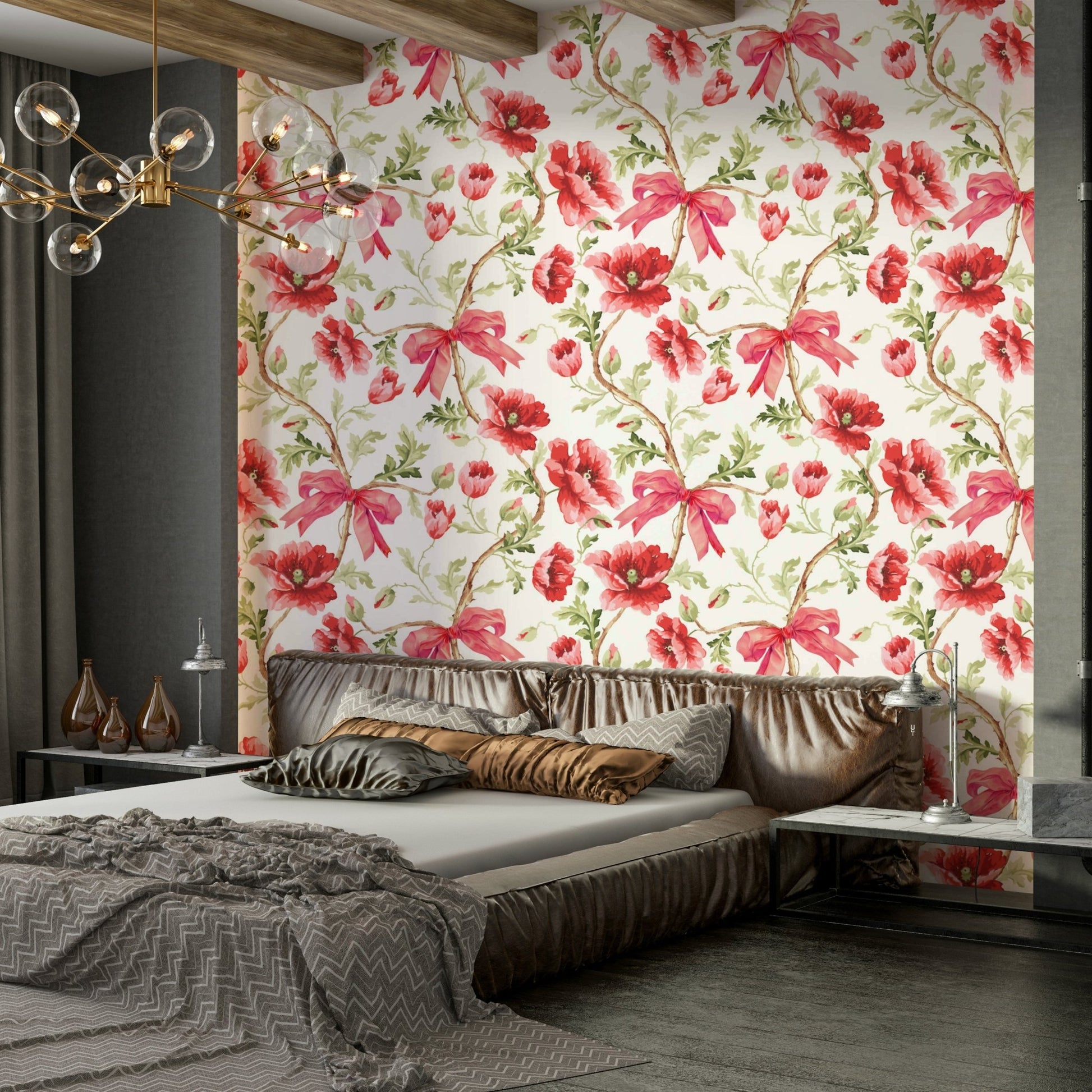 Feminine Poppy Blooms & Bows Wallpaper for Interiors

