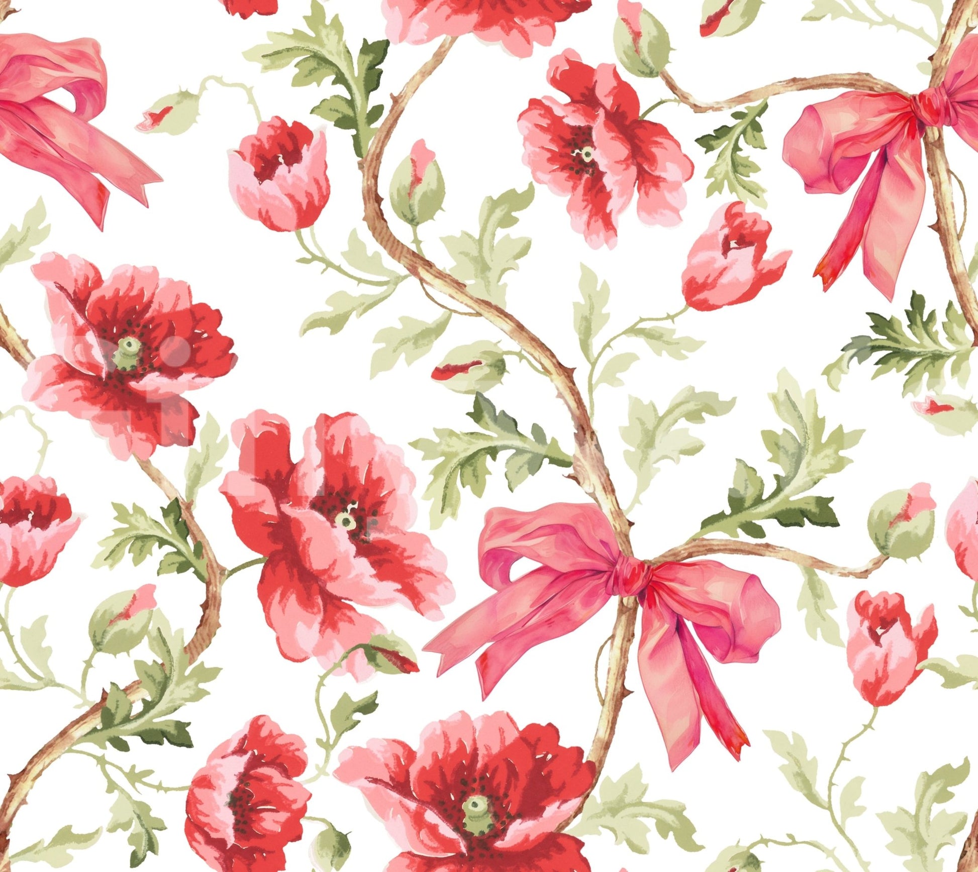 Stylish Preppy Floral Wallpaper with Poppy and Bow Detail

