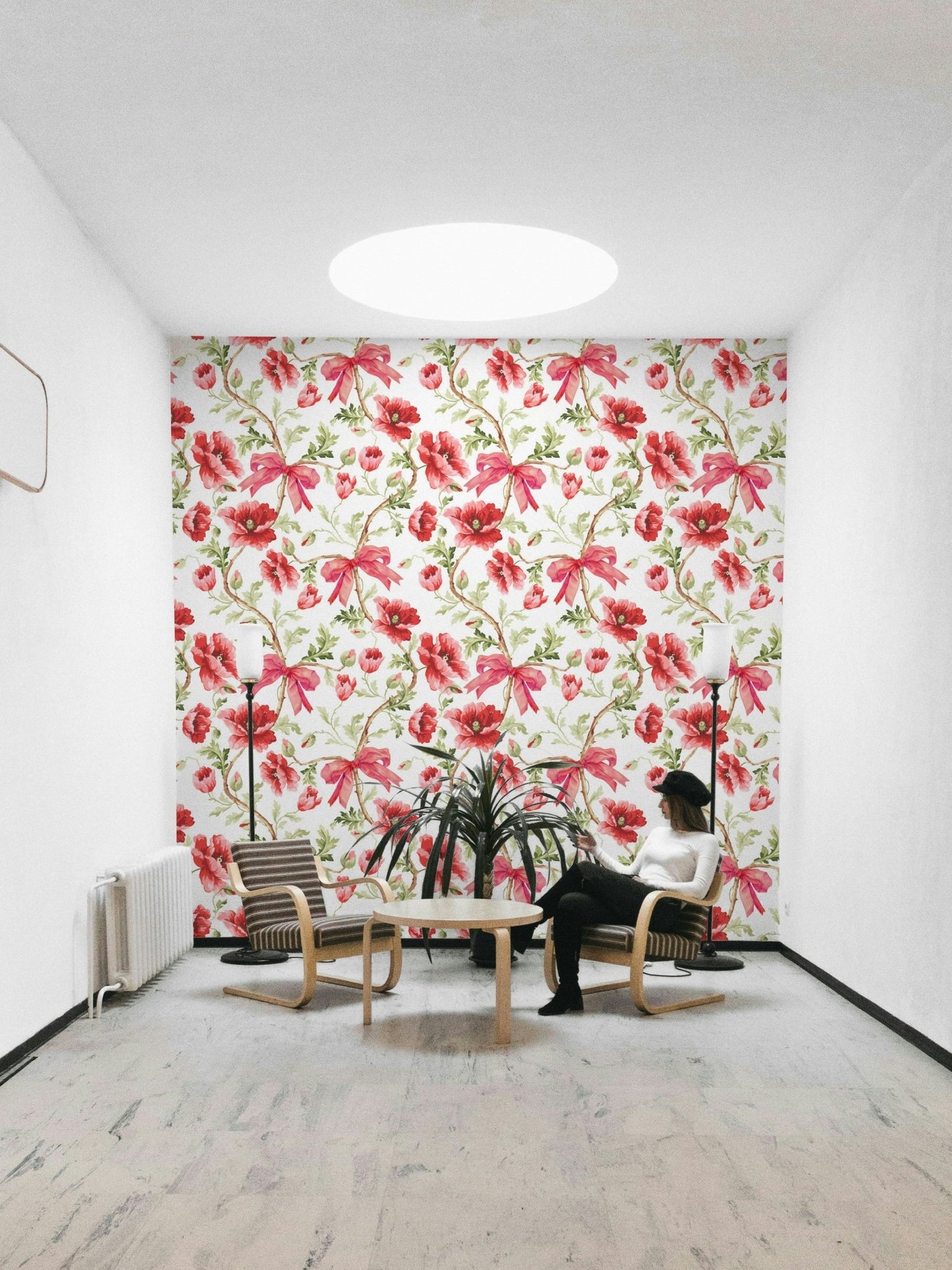 Fresh and Romantic Poppy Blooms & Bows Wall Mural

