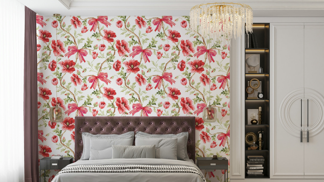 Preppy Poppy Floral Wallpaper with Bow Accents

