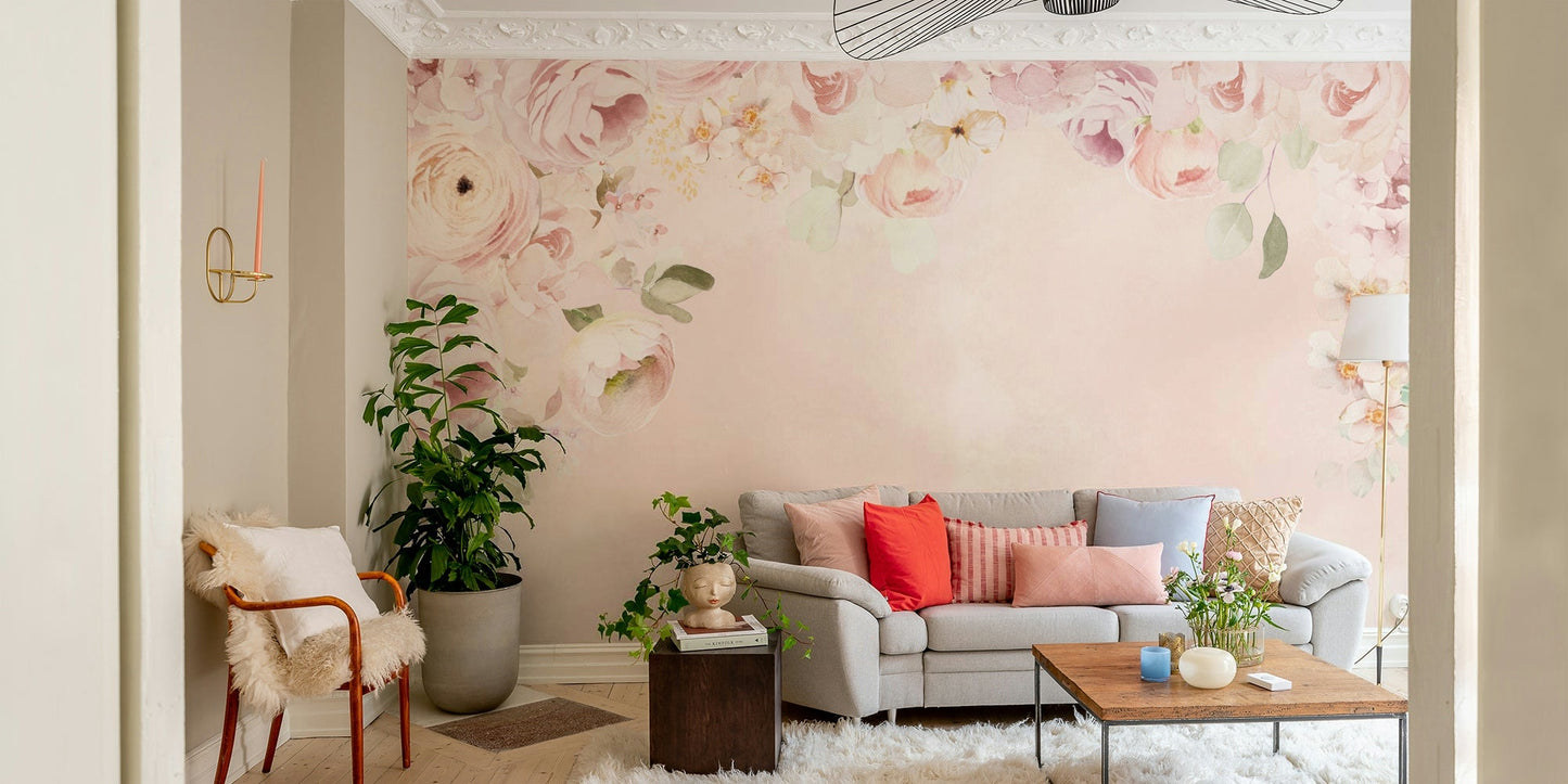 Classic romantic rose border mural with lush green leaves, GD1262