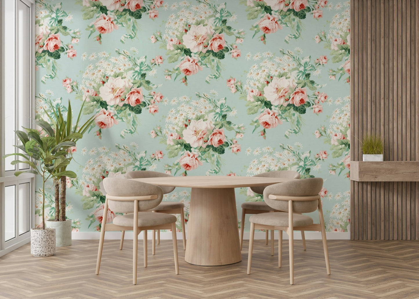 Soft pastel rose and daisy garden wallpaper.

