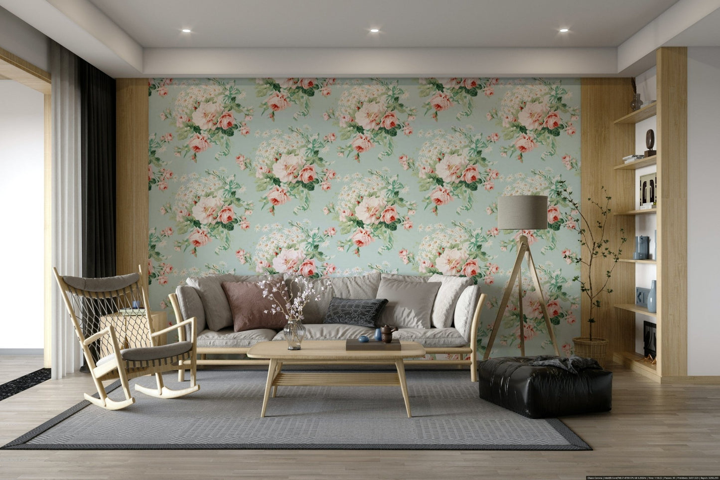 Soft floral wallpaper featuring roses and daisies.

