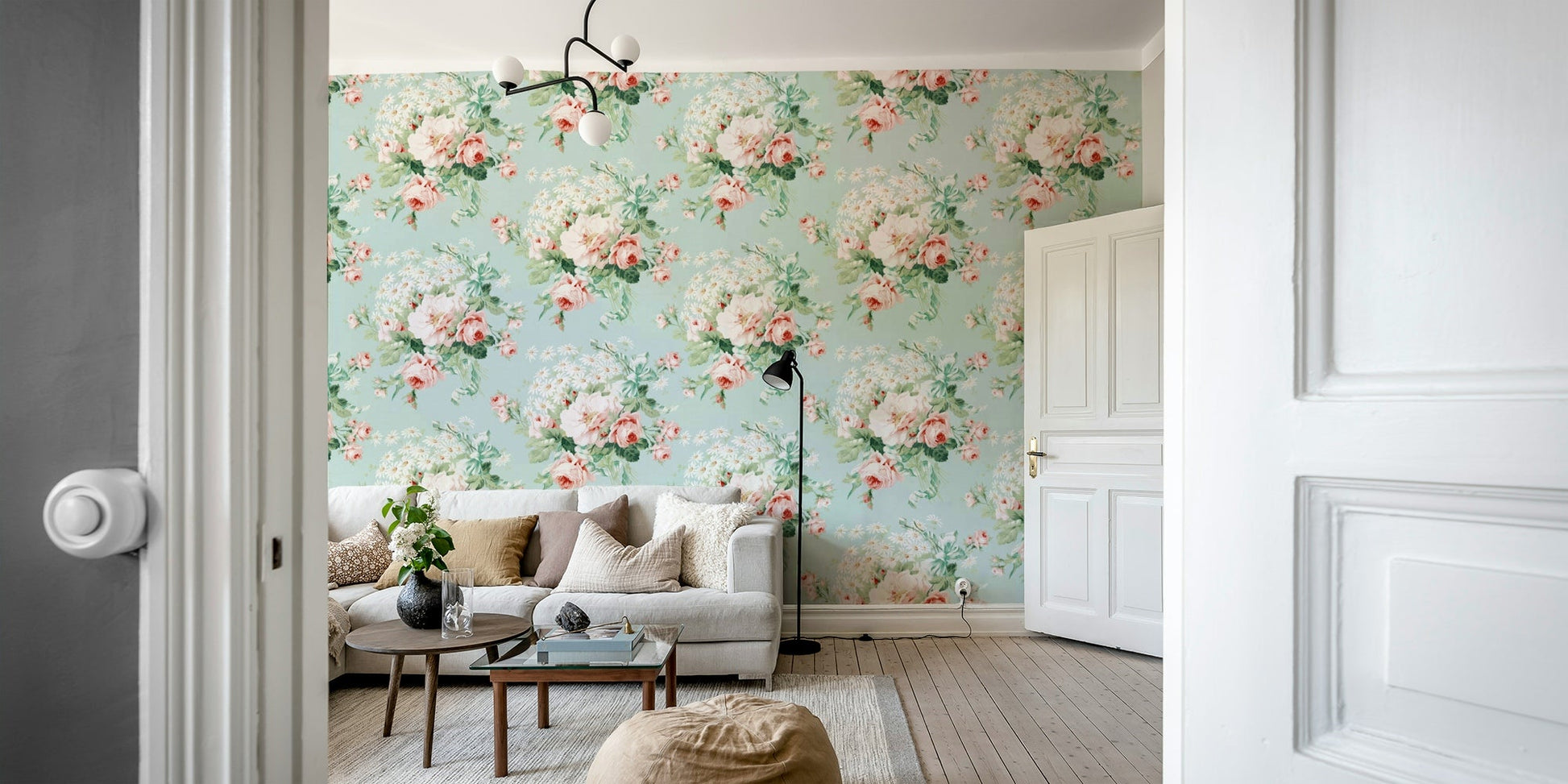 Charming rose and daisy garden wallpaper mural.

