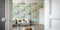 Charming rose and daisy garden wallpaper mural.

