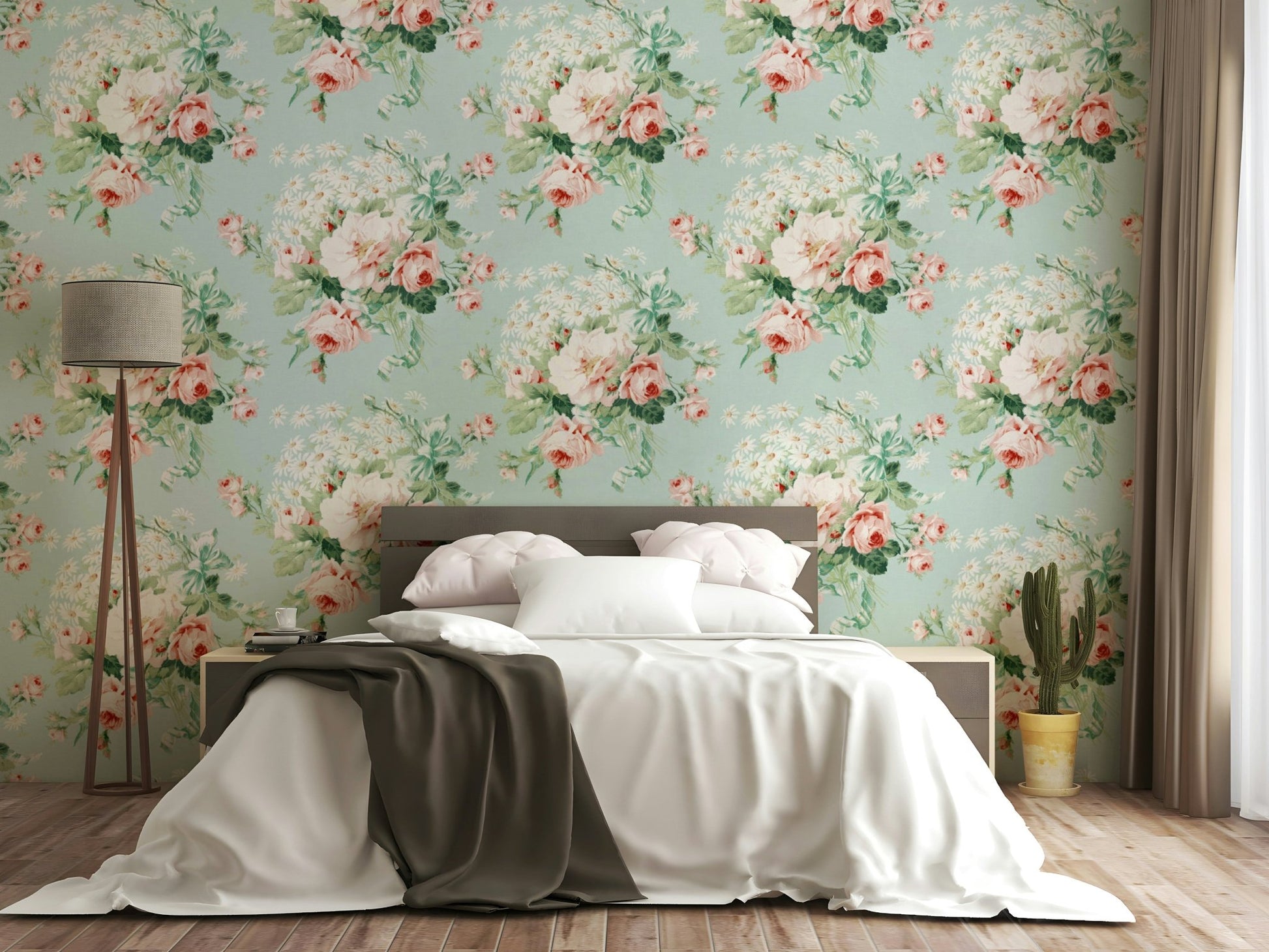 Vintage rose and daisy garden wall mural.

