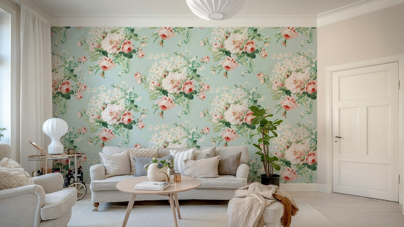 Romantic Rose & Daisy Garden Wallpaper design.

