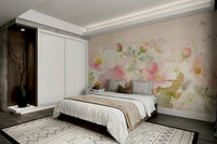 Floral wall mural with blooming roses in pastel shades.