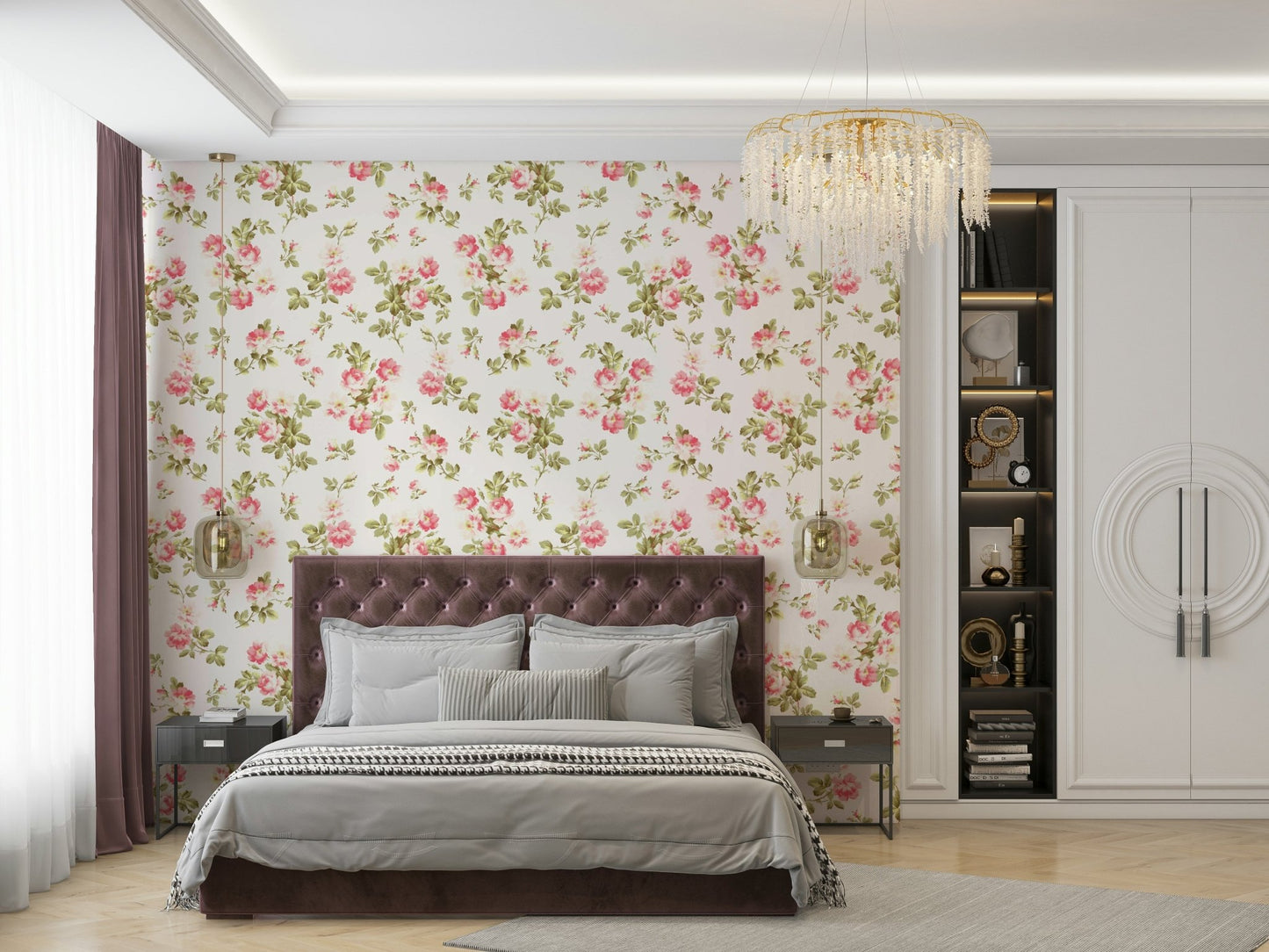 Beautiful rose wallpaper in soft pink and white shades.

