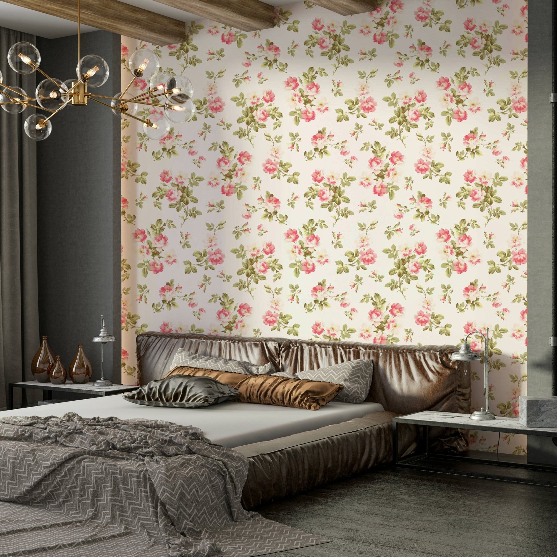 Luxurious rose garden mural creating a dreamy room atmosphere.

