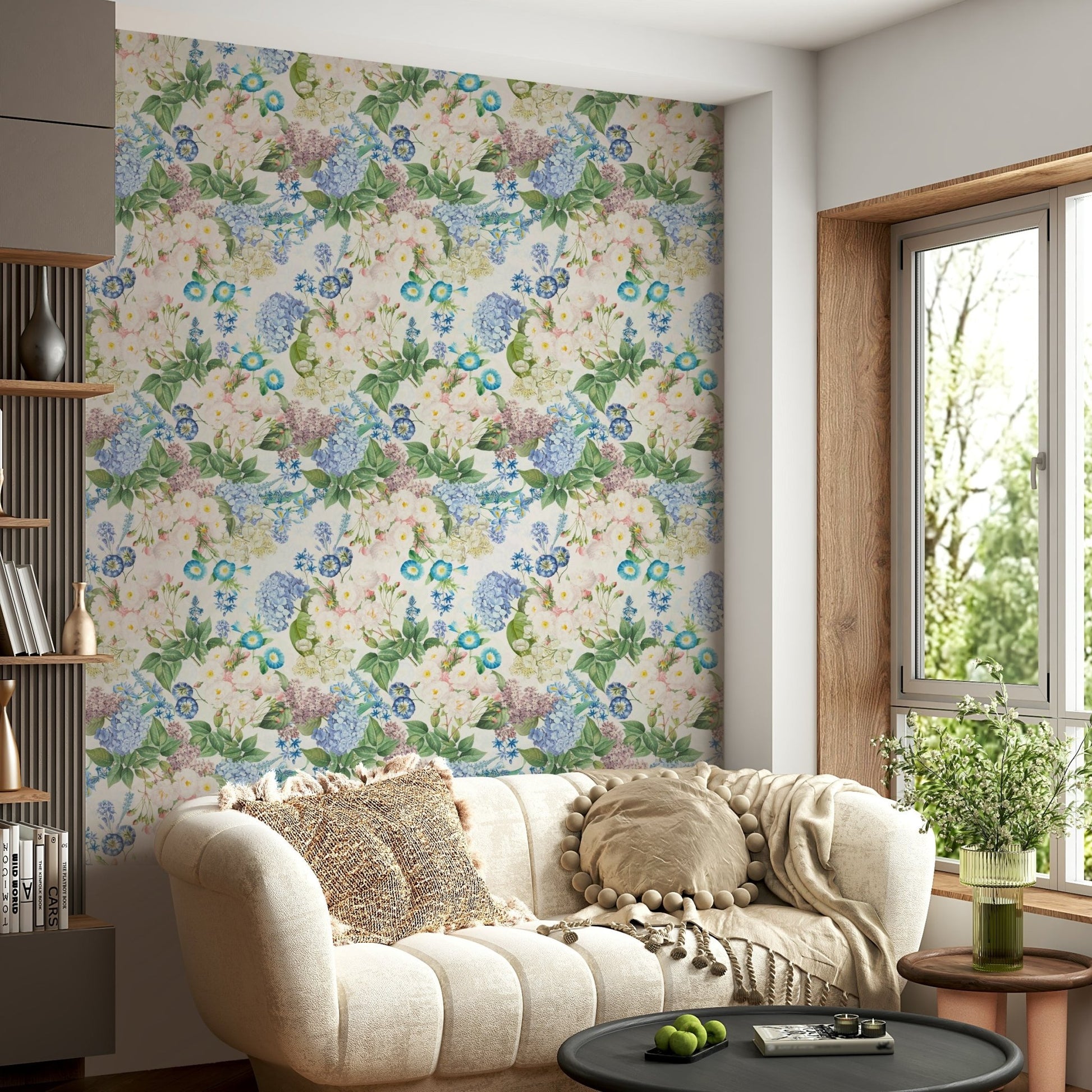 Rose and hydrangea floral wallpaper for a dreamy atmosphere.

