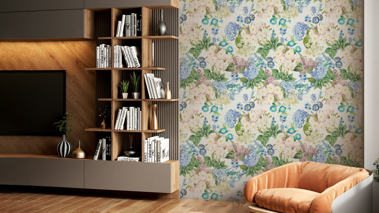 Romantic Rose & Hydrangea wallpaper with soft pink hues.

