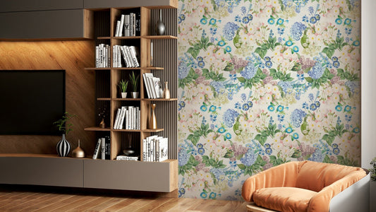 Romantic Rose & Hydrangea wallpaper with soft pink hues.

