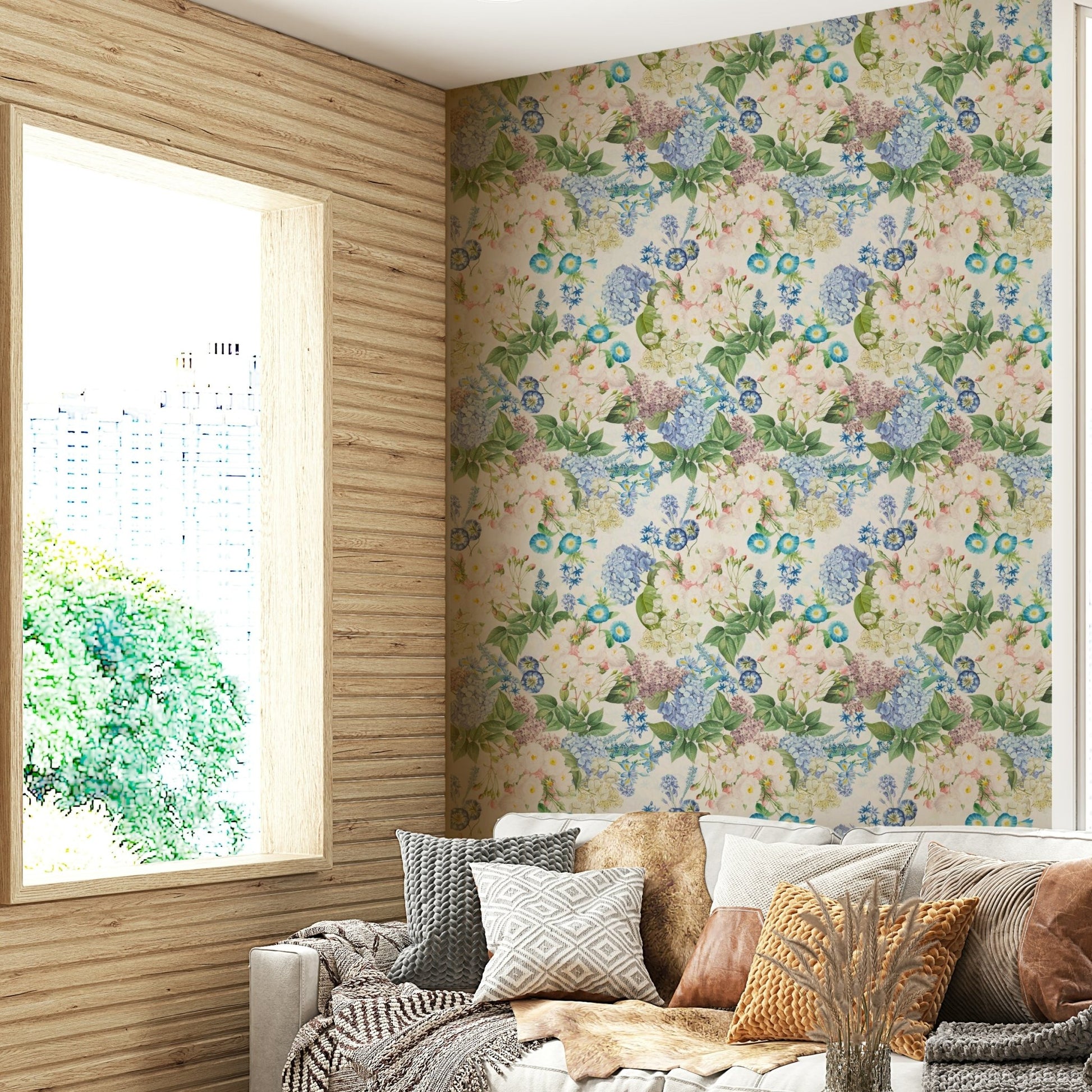 Vintage-inspired wallpaper with delicate rose and hydrangea blooms.

